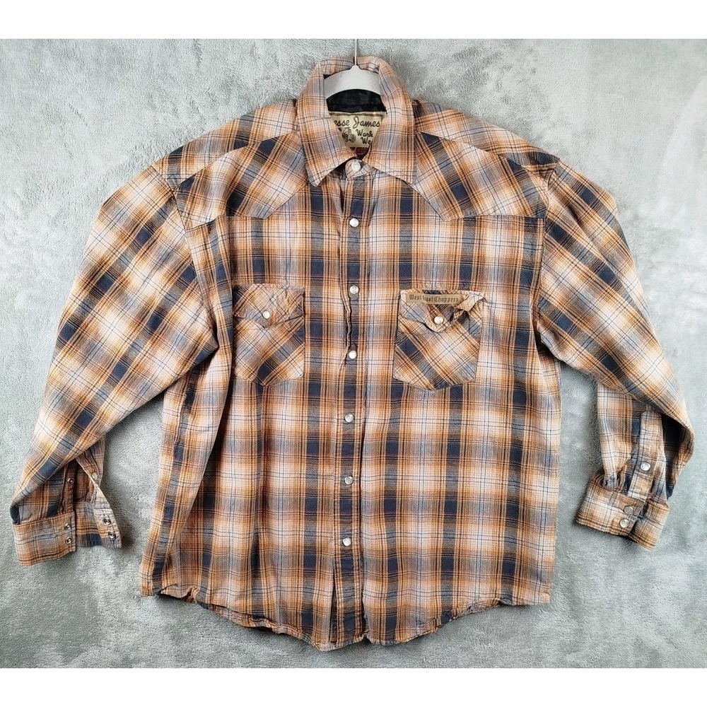 Jesse James West Coast Choppers Button Shirt Mens Large Pearl Snap Plaid Moto